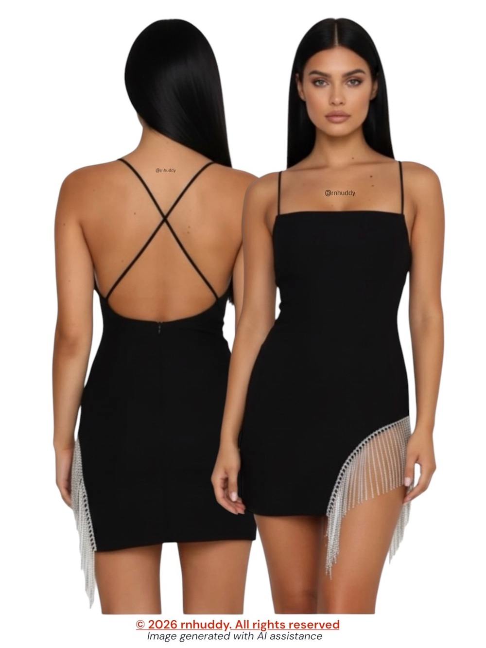 White Fox Boutique M black rhinestone fringe dress